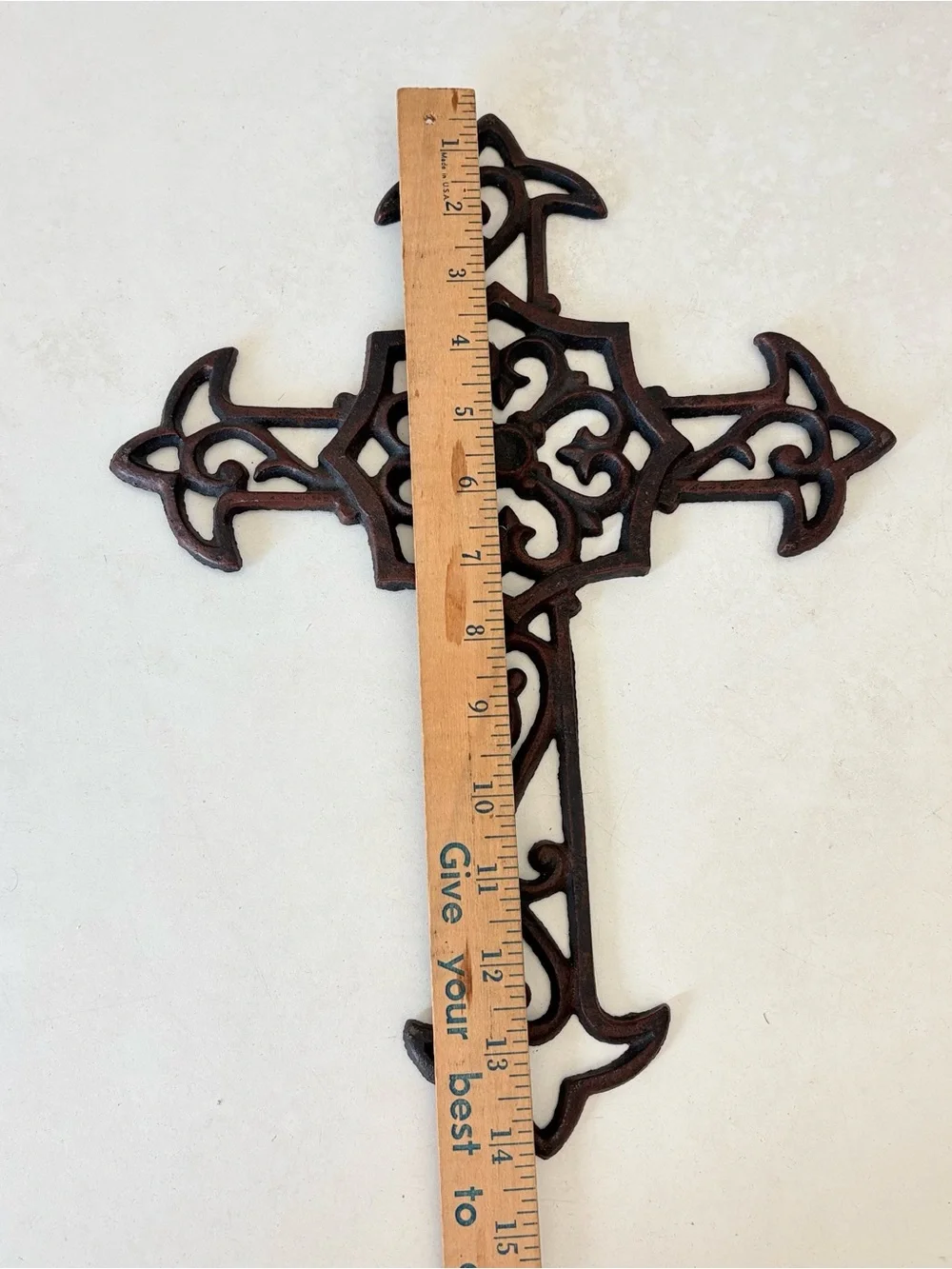 Cast Iron Ornate Fleur De Lis Floral Cross Wall Decor Retro Style 14.25”x10.5”